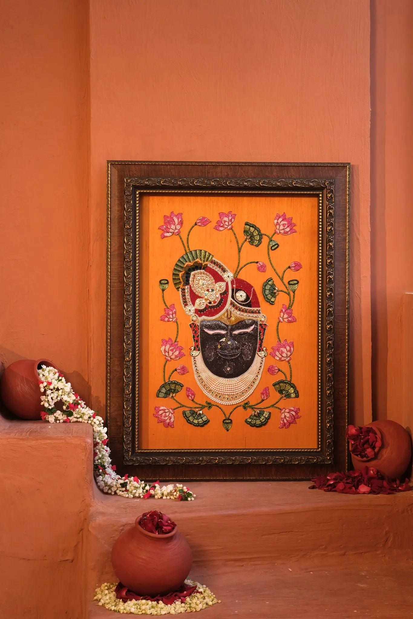 Divine Lord Shrinathji face Embroidered Portrait with Floral Embroidery - My Store