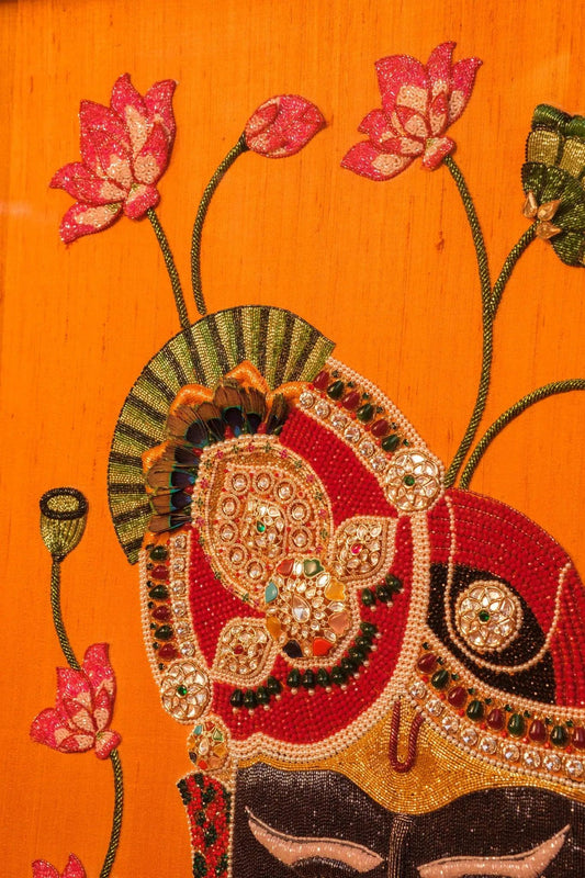 Divine Lord Shrinathji face Embroidered Portrait with Floral Embroidery - My Store