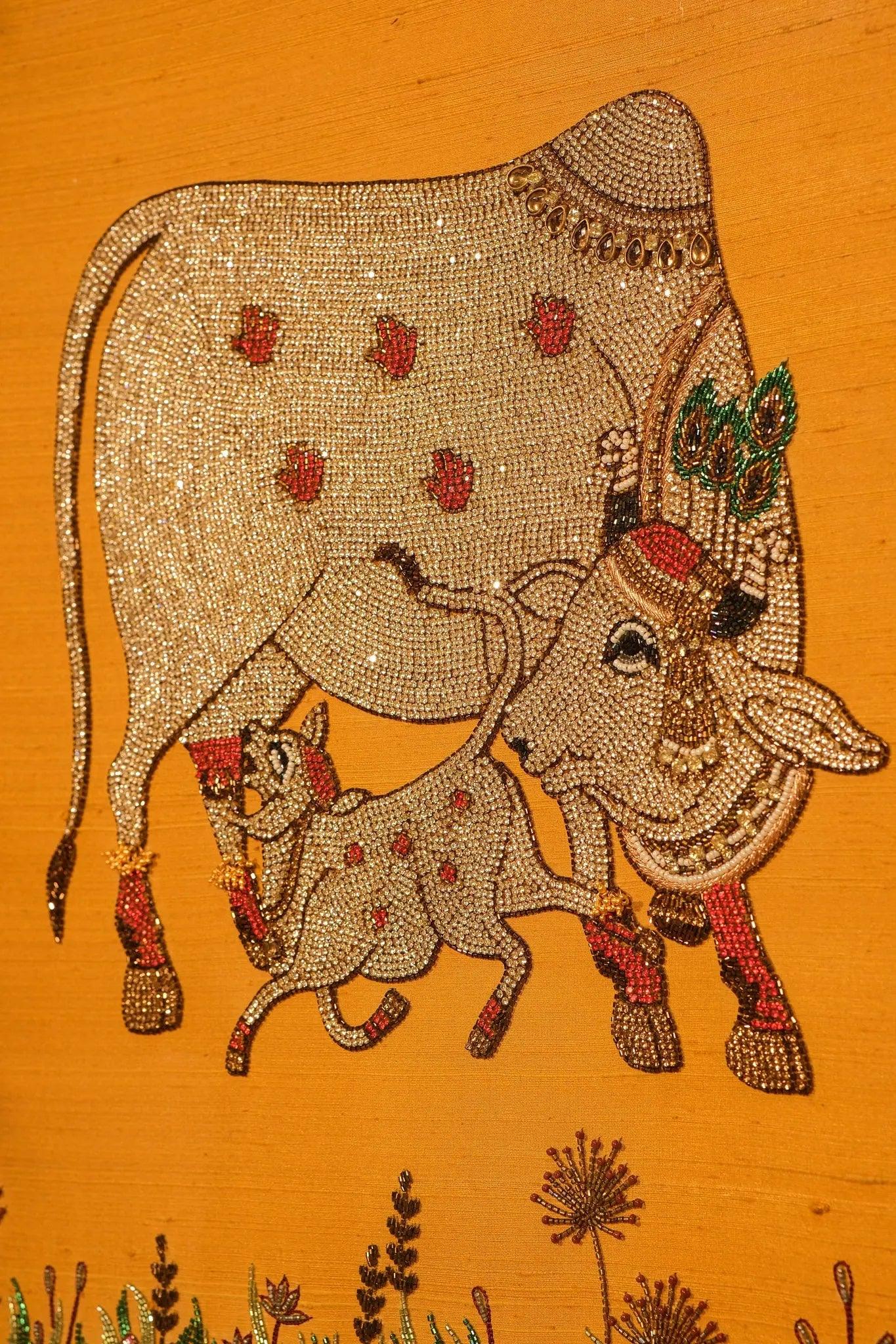Sacred Cow and Calf Embroidered Art with Jewels - My Store
