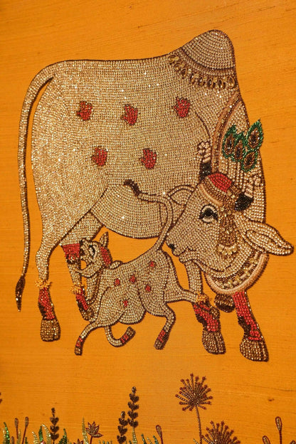 Sacred Cow and Calf Embroidered Art with Jewels - My Store
