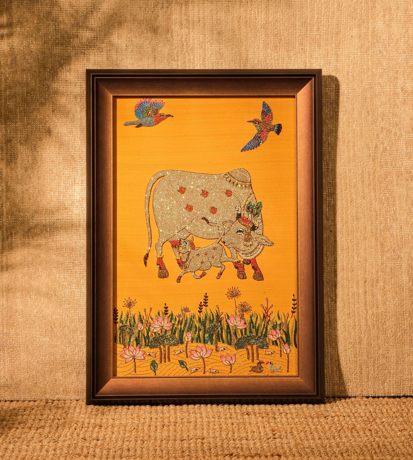 Sacred Cow and Calf Embroidered Art with Jewels - My Store